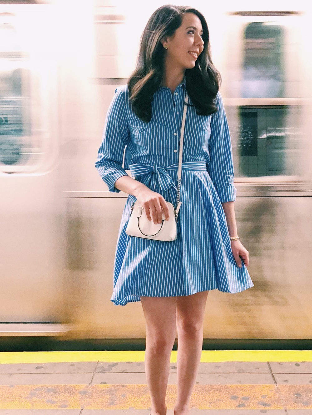 Club Monaco Blue and White Striped High-Low Shirt Dress